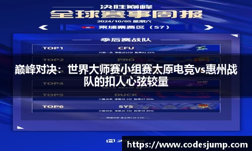 巅峰对决：世界大师赛小组赛太原电竞vs惠州战队的扣人心弦较量